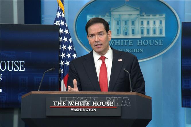 Ngoại trưởng Mỹ Marco Rubio phát biểu tại cuộc họp báo ở Nhà Trắng, Washington, D.C. Ảnh: THX/TTXVN phát