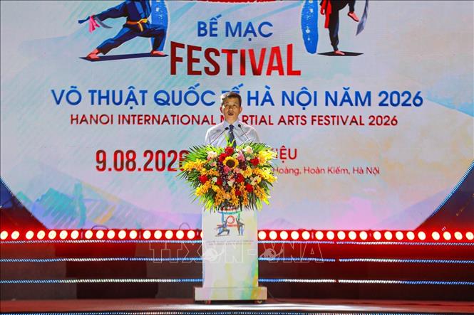 Ông Phạm Tuấn Long, Giám đốc Sở Văn hoá và Thể thao Hà Nội phát biểu. Ảnh: Khánh Hoà - TTXVN
