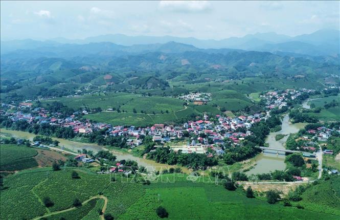 Vùng chè Minh Đài, Phú Thọ nhìn từ trên cao, với các khu dân cư, đồi chè và hệ thống giao thông từng bước được đầu tư đồng bộ. Ảnh: Tạ Toàn - TTXVN