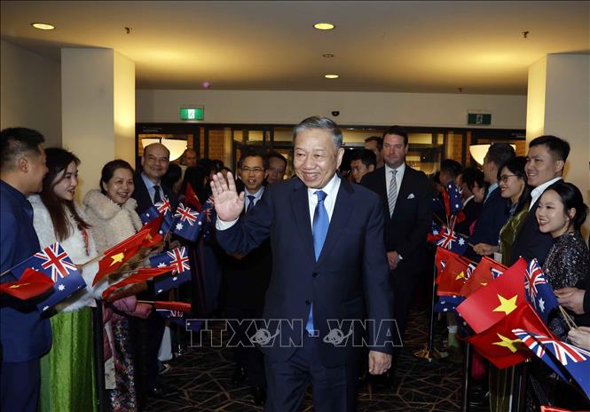 Cán bộ, nhân viên Đại sứ quán, cộng đồng người Việt Nam tại Australia đón Tổng Bí thư, Chủ tịch nước Tô Lâm. Ảnh: Thống Nhất – TTXVN