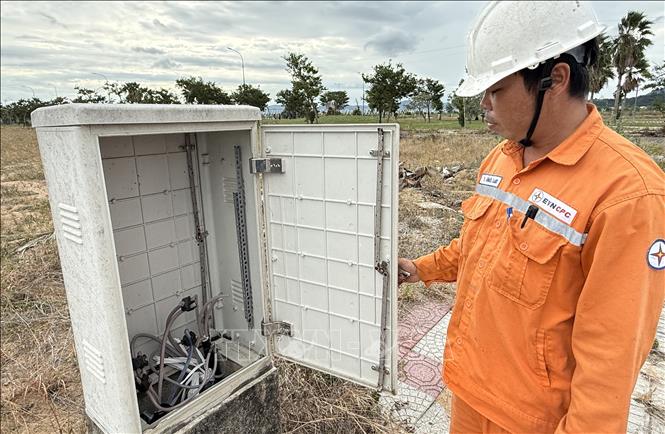 Một tủ điện bị kẻ gian lấy cắp toàn bộ thiết bị tự động đóng ngắt mạch (aptomat) và cắt trộm cáp điện. Ảnh: Tường Quân – TTXVN 