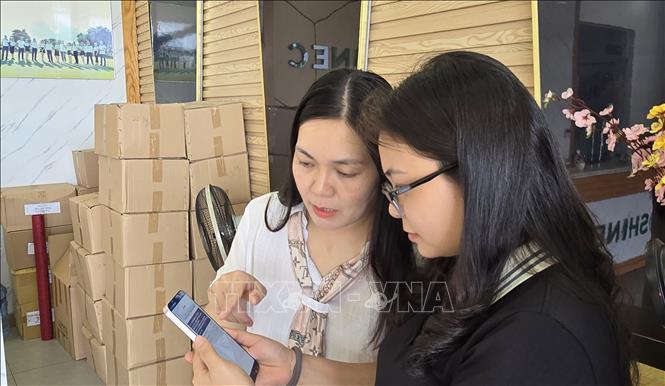 Cán bộ Bảo hiểm xã hội hướng dẫn đại diện doanh nghiệp tiếp cận thông tin về bảo hiểm qua nền tảng số. Ảnh: Minh Thu- TTXVN