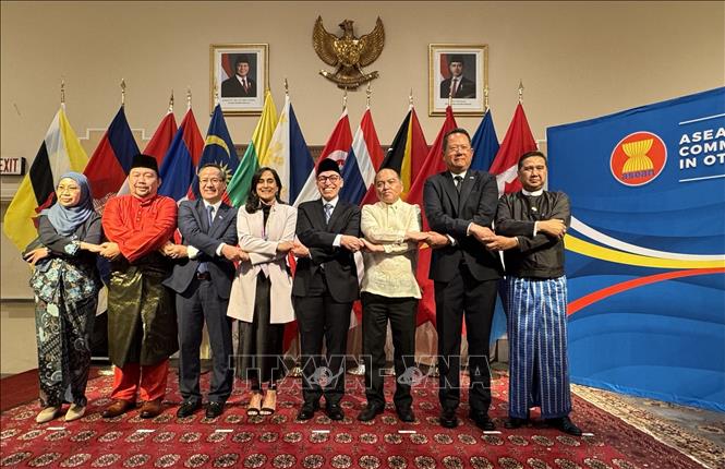 Ngoại trưởng Canada Anita Anand (thứ tư bên trái) chụp ảnh lưu niệm cùng Đại sứ các nước ASEAN trong Ủy ban ASEAN tại Ottawa. Ảnh: Hà Linh - PV TTXVN tại Canada 