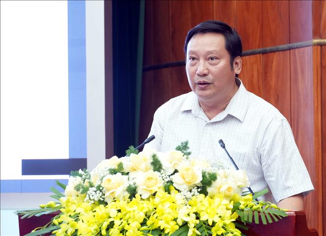 Ông Hà Văn Ninh, Phó Trưởng Ban Tổ chức Tỉnh ủy Quảng Trị, trình bày tham luận về đẩy mạnh chuyển đổi số trong ngành Tổ chức xây dựng Đảng. Ảnh: Tá Chuyên - TTXVN