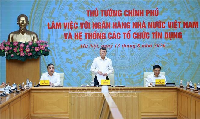Thủ tướng Lê Minh Hưng làm việc với Ngân hàng Nhà nước Việt Nam và các hệ thống tín dụng. Ảnh: Dương Giang – TTXVN 

