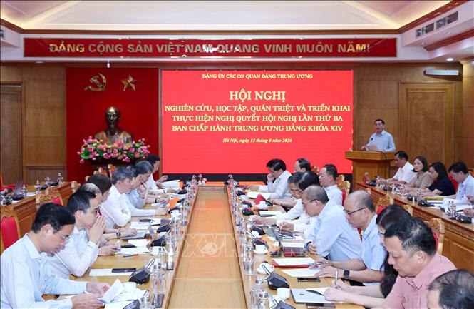 Quang cảnh hội nghị tại điểm cầu trung tâm Đảng uỷ các cơ quan Đảng Trung ương. Ảnh: Phương Hoa - TTXVN