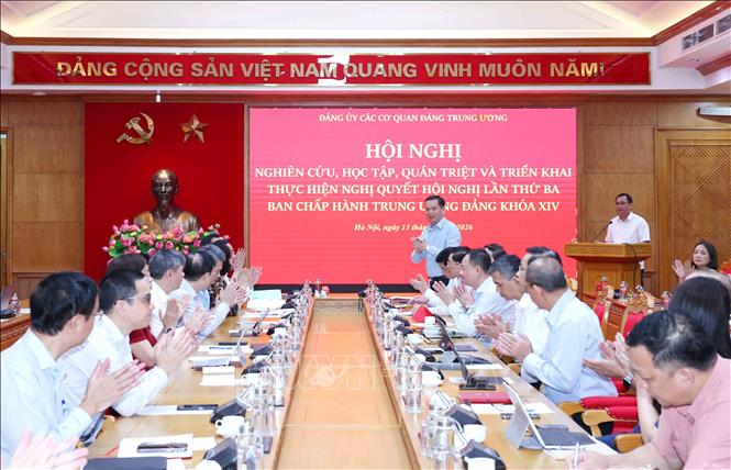 Quang cảnh hội nghị tại điểm cầu chính Đảng uỷ các cơ quan Đảng Trung ương. Ảnh: Phương Hoa - TTXVN