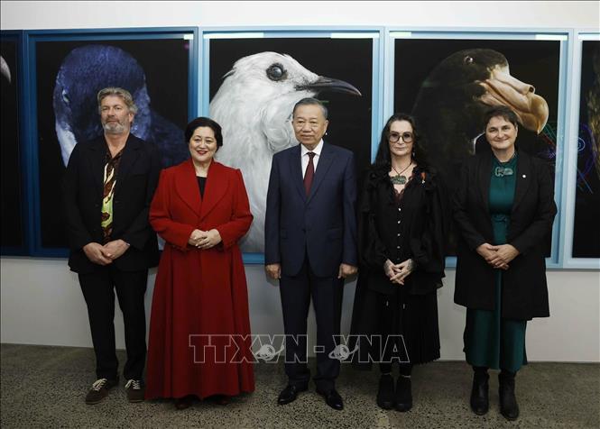 Tổng Bí thư, Chủ tịch nước Tô Lâm cùng Toàn quyền New Zealand Cindy Kiro và đại biểu tại Triển lãm ảnh StarkWhite của nhiếp ảnh gia Fiona Pardington. Ảnh: Thống Nhất – TTXVN
