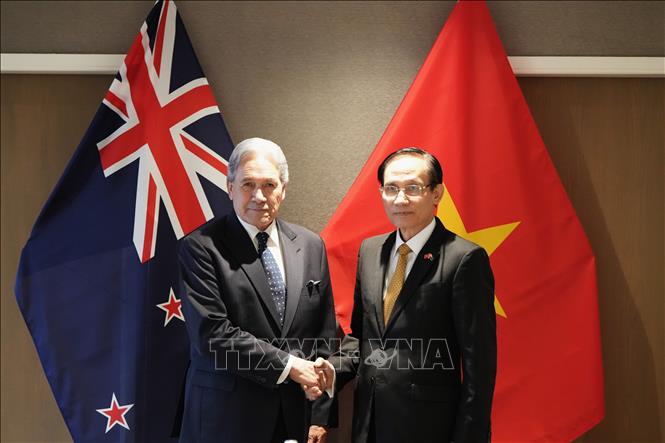 Ủy viên Bộ Chính trị, Bộ trưởng Bộ Ngoại giao Lê Hoài Trung và Bộ trưởng Ngoại giao New Zealand Winston Peters. Ảnh: Diệu Linh - PV TTXVN tại châu Đại Dương