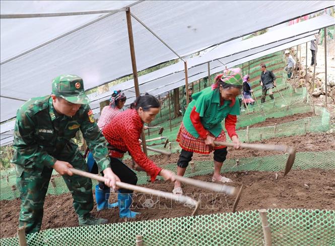 Cán bộ, chiến sĩ hướng dẫn người dân bản Ngài Thầu, xã Sì Lở Lầu lên luống trước khi xuống giống. Ảnh: Quý Trung - TTXVN