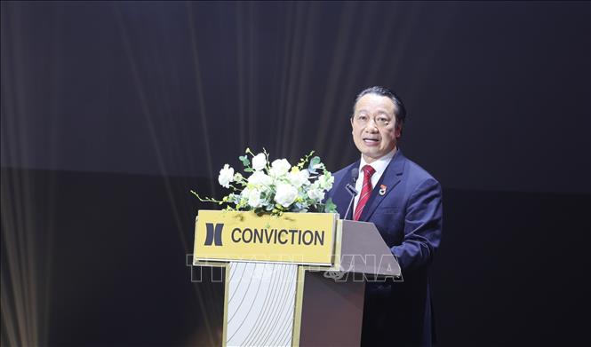 Ông Nguyễn Quang Vinh, Phó Chủ tịch Liên đoàn Thương mại và Công nghiệp Việt Nam (VCCI), phát biểu tại sự kiện. Ảnh: Hứa Chung - TTXVN