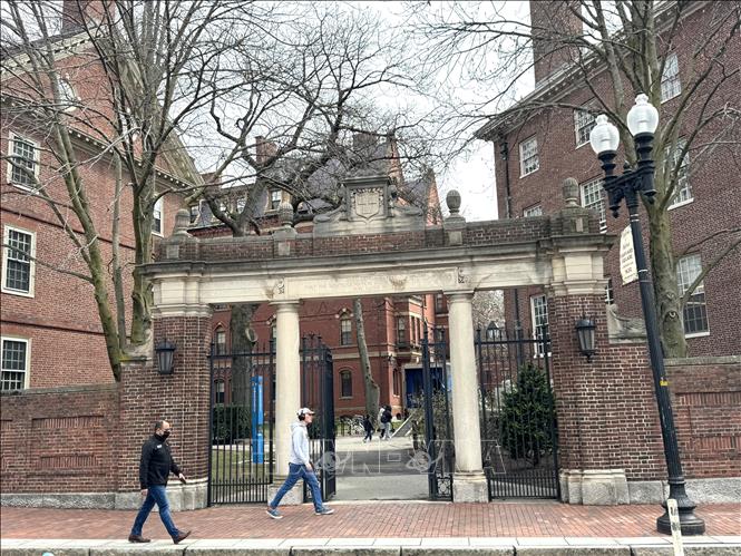Cổng vào khuôn viên Đại học Harvard tại Cambridge, bang Massachusetts, trong bối cảnh trường đang trở thành tâm điểm tranh luận về các biện pháp bảo vệ sinh viên Do Thái và chính sách của chính quyền Tổng thống Donald Trump đối với các đại học Mỹ. Ảnh: Đoàn Hùng - PV TTXVN tại Mỹ