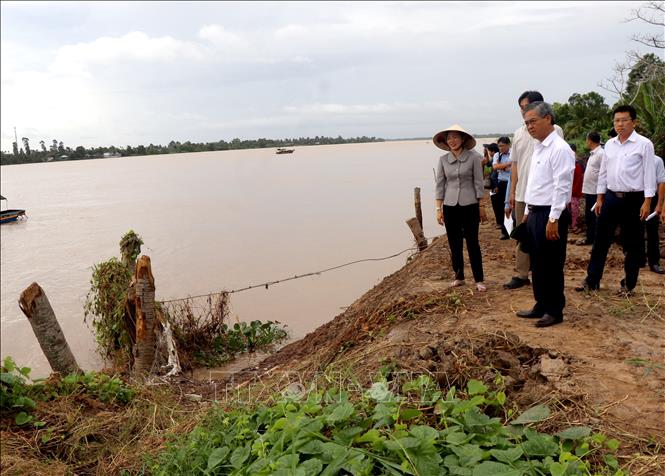 Phó Chủ tịch UBND tỉnh Vĩnh Long Châu Văn Hòa cùng đại diện các ngành khảo sát tại khu vực sạt lở cồn Thanh Long, xã Quới Thiện. Ảnh: Lê Thúy Hằng – TTXVN