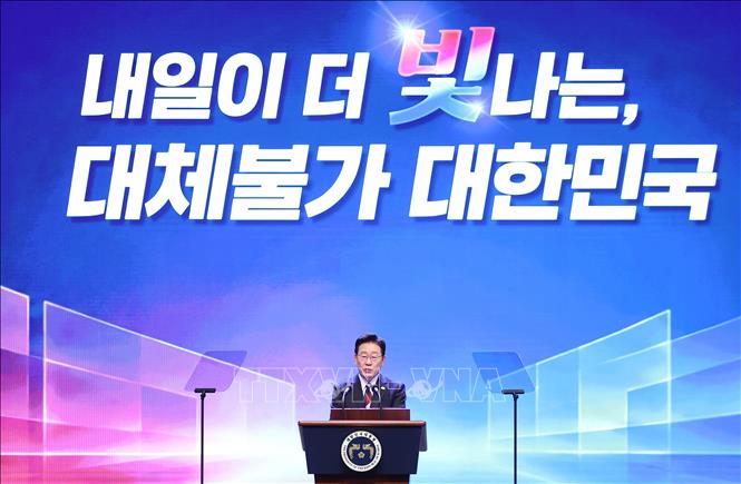 Tổng thống Hàn Quốc Lee Jae Myung phát biểu tại lễ kỷ niệm 81 năm Ngày Giải phóng, ở Seoul ngày 15/8/2026. Ảnh: Yonhap/TTXVN phát