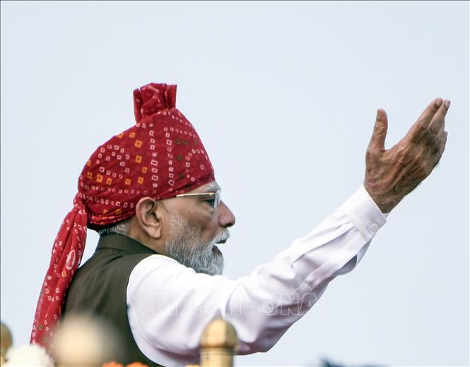 Thủ tướng Ấn Độ Narendra Modi phát biểu tại Pháo đài Đỏ nhân kỷ niệm 80 năm Ngày Độc lập, ở New Delhi ngày 15/8/2026. Ảnh: ANI/TTXVN phát
