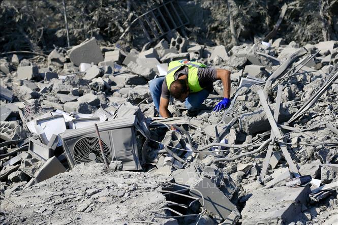 Cảnh tàn phá sau vụ không kích của Israel ở ngoại ô Ansar, Nabatieh, Liban, ngày 15/8/2026. Ảnh: THX/TTXVN phát