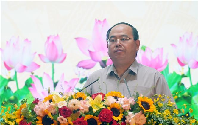 Bí thư Tỉnh ủy Quảng Ninh Quản Minh Cường phát biểu tại Hội nghị. Ảnh: Văn Đức - TTXVN