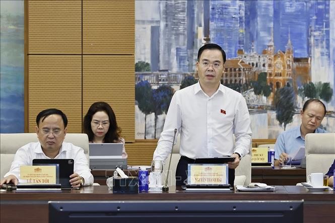 Phó Chủ nhiệm Ủy ban Khoa học, Công nghệ và Môi trường của Quốc hội Trần Văn Khải trình bày báo cáo ý kiến đối với nội dung cơ quan trình dự kiến tiếp thu, giải trình và chỉnh lý các dự thảo. Ảnh: Doãn Tấn - TTXVN