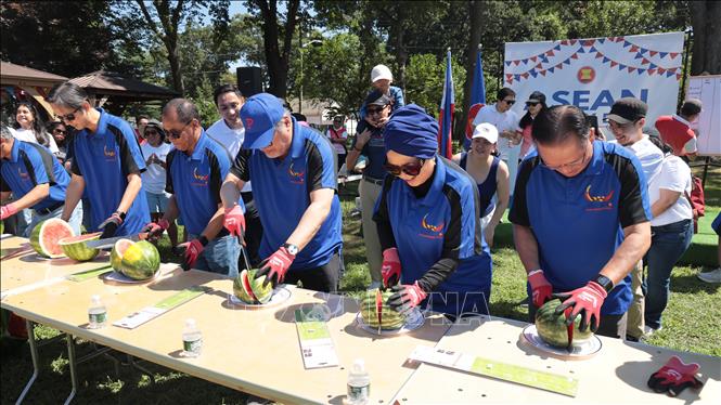 ASEAN Ambassadors and Heads of Mission kick off the game show segment with a game of cutting watermelons. VNA Photo: Thanh Tuấn