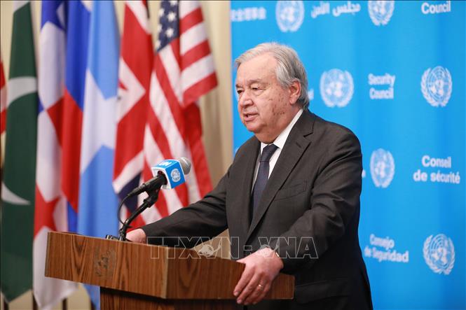 Tổng thư ký LHQ Antonio Guterres phát biểu tại cuộc họp báo ở New York, Mỹ. Ảnh: THX/TTXVN phát