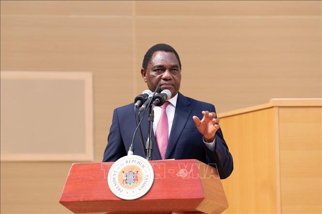 (Tư liệu) Tổng thống Zambia Hakainde Hichilema phát biểu tại một sự kiện ở Lusaka. Ảnh: THX/TTXVN phát