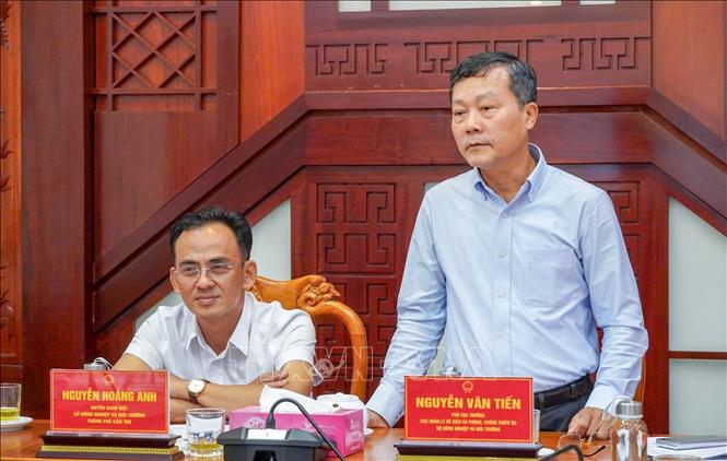 Ông Nguyễn Văn Tiến, Phó Cục trưởng Cục Quản lý đê điều và Phòng, chống thiên tai phát biểu tại buổi làm việc với Sở Nông nghiệp và Môi trường thành phố Cần Thơ. Ảnh: Thanh LIêm - TTXVN