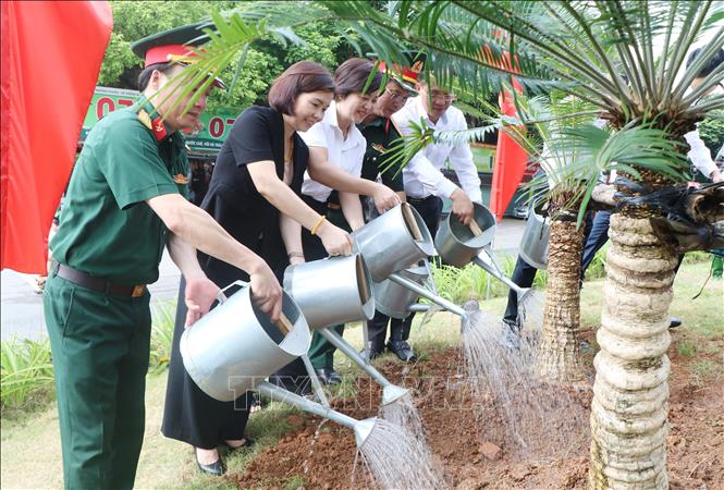 Các đại biểu tham gia chăm sóc cây tại Khu di tích lịch sử Đền Hùng. Ảnh: Thu Hương - TTXVN