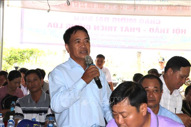 Ông Đoàn Đức Thắng, Hợp tác xã khiết Tâm, xã Thạnh An, TP. Cần Thơ, chia sẻ các yêu cầu cần làm trong tiêu thụ lúa giống mới. Ảnh: Hồng Nhung - TTXVN