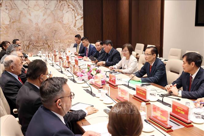 Đồng chí Lê Hoài Trung, Ủy viên Bộ Chính trị, Bộ trưởng Bộ Ngoại giao hội đàm với Tổng Bí thư Đảng Lao động Mexico Alberto Anaya Gutiérrez. Ảnh: An Đăng - TTXVN