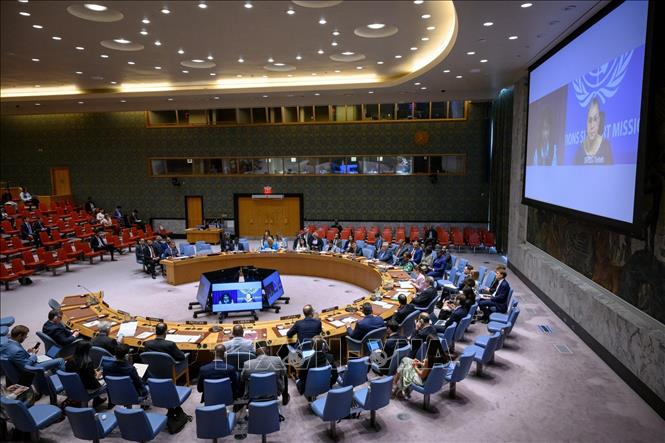 Đặc phái viên của Tổng Thư ký Liên hợp quốc (LHQ) về Libya, đồng thời là người đứng đầu Phái bộ Hỗ trợ của LHQ tại Libya (UNSMIL), bà Hanna Tetteh (phải, trên màn hình) phát biểu qua video tại phiên họp của Hội đồng Bảo an LHQ về Libya ngày 18/8/2026. Ảnh: THX/TTXVN phát