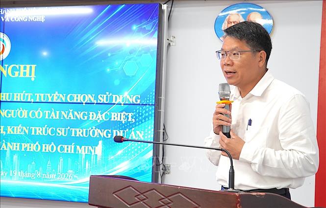Ông Lê Văn Thăng, Giám đốc Sở Khoa học và Công nghệ Thành phố Hồ Chí Minh, phát biểu tại hội nghị. Ảnh: Thu Hoài - TTXVN