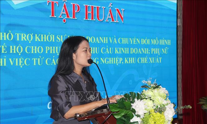 Bà Lê Thị Thanh Thúy, Đại diện Trung ương Hội Liên hiệp phụ nữ phát biểu khai mạc. Ảnh: Nguyễn Hằng - TTXVN
