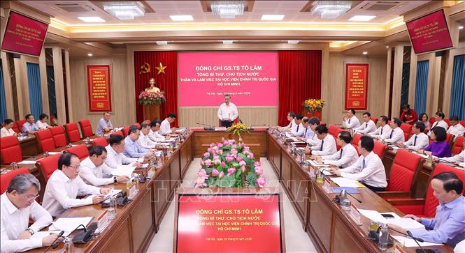 Quang cảnh buổi làm việc của Tổng Bí thư, Chủ tịch nước Tô Lâm với lãnh đạo chủ chốt Học viện Chính trị Quốc gia Hồ Chí Minh. Ảnh: Văn Điệp – TTXVN