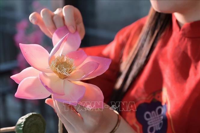 Each lotus petal is shaped, curved, and assembled by hand, requiring meticulous care to create a soft, natural look for the flower. VNA Photo: Phạm Tuấn Anh