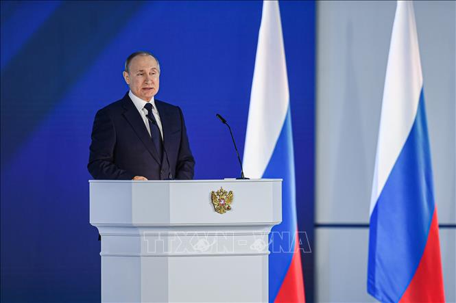 Tổng thống Nga Vladimir Putin phát biểu tại thủ đô Moskva. Ảnh: THX/TTXVN phát