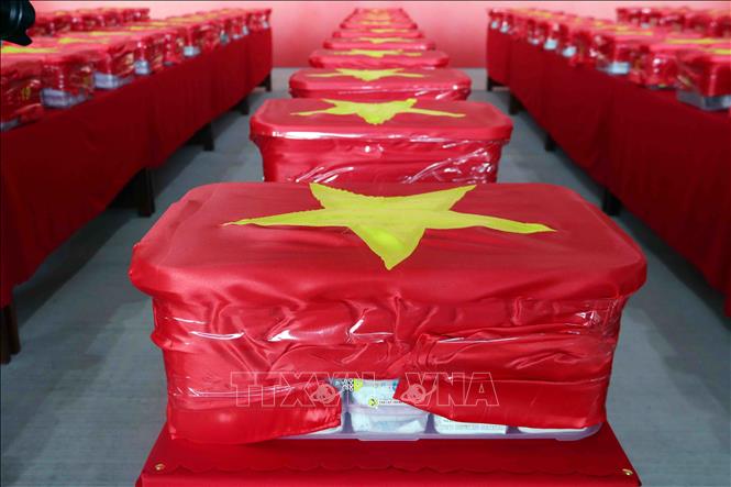 Các mẫu sinh phẩm hài cốt liệt sĩ được niêm phong, đóng gói nghiêm ngặt vào thùng chuyên dụng, phủ Quốc kỳ trước khi đưa lên máy bay. Ảnh: Xuân Khu - TTXVN
