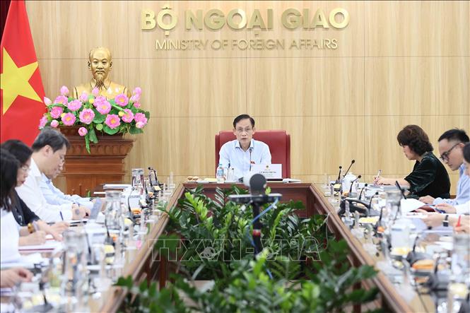 Đồng chí Lê Hoài Trung, Uỷ viên Bộ Chính trị, Bộ trưởng Bộ Ngoại giao phát biểu. Ảnh: An Đăng - TTXVN