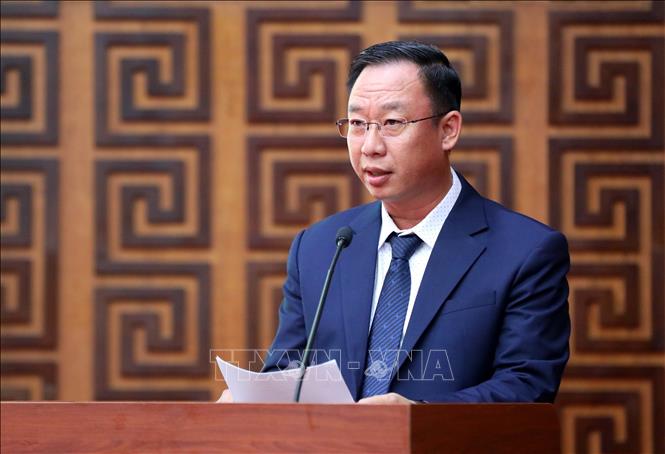 Đồng chí Khăm Thong Thăm Mạ Vông, Phó Chủ tịch Ủy ban Chính quyền tỉnh Bo Kẹo (Lào) phát biểu tại buổi lễ. Ảnh: Trung Kiên - TTXVN