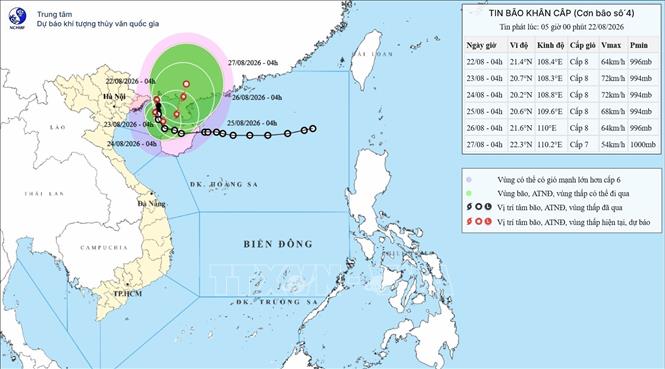 Hướng di chuyển của bão số 4, lúc 7 giờ ngày 22/8. Ảnh: Nguồn Trung tâm dự báo KTTV quốc gia