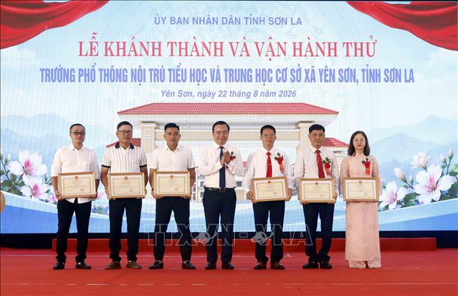 Phó Chủ tịch Thường trực UBND tỉnh Sơn La (giữa) trao Bằng khen cho các cá nhân. Ảnh: Quang Quyết - TTXVN
