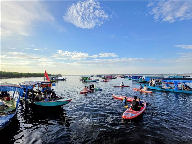Hoạt động chèo SUP trên phá Tam Giang an toàn nhờ mực nước thấp (khoảng 80cm). Ảnh: Mai Trang - TTXVN
