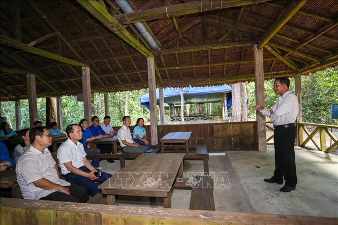 Cán bộ, đoàn viên, thanh niên Văn phòng Chính phủ tìm hiểu về cuộc sống của các lãnh đạo Chính phủ Cách mạng lâm thời miền Nam Việt Nam và hoạt động cách mạng tại căn cứ. Ảnh: Giang Phương - TTXVN