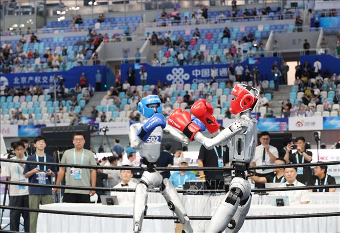 Các Robot thi đấu ở nội dung đấm bốc. Ảnh: Công Tuyên-PV TTXVN tại Trung Quốc