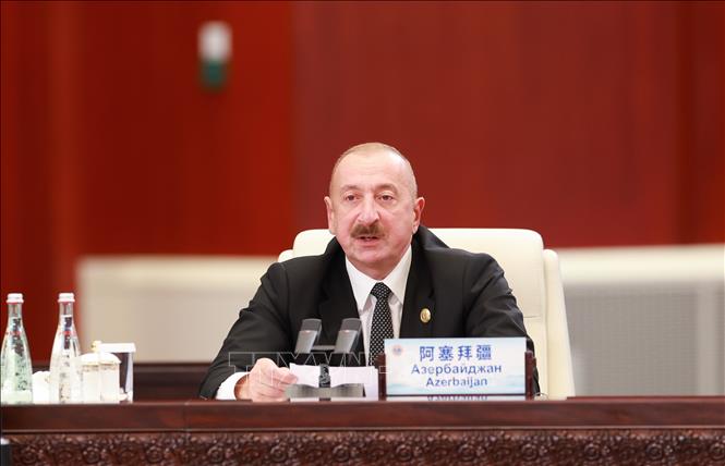 Tổng thống Azerbaijan Ilham Aliyev phát biểu tại một hội nghị ở thành phố Thiên Tân, Trung Quốc. Ảnh: THX/TTXVN phát