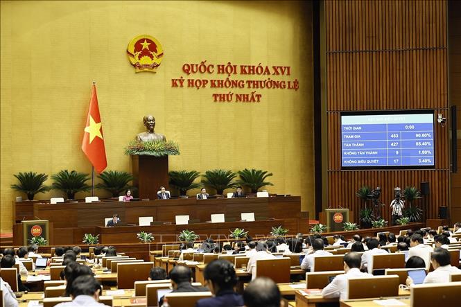 Quốc hội biểu quyết thông qua Nghị quyết của Quốc hội về việc di chuyển 03 di tích trong phạm vi thực hiện Dự án đầu tư xây dựng tuyến đường kết nối Cảng hàng không quốc tế Gia Bình với Thủ đô Hà Nội và Dự án xây dựng doanh trại Trung đoàn không quân Công an nhân dân theo quy định tại Điều 2, Nghị quyết số 256/2025/QH15 của Quốc hội. Ảnh: Doãn Tấn – TTXVN