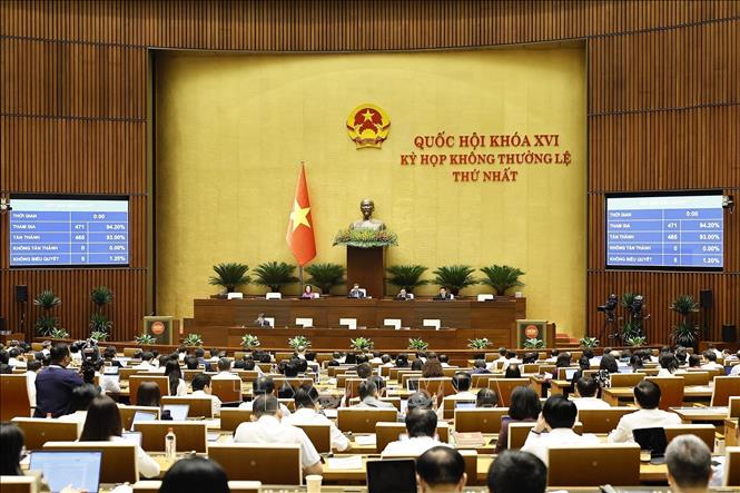 Quốc hội biểu quyết thông qua Nghị quyết của Quốc hội về cơ chế, chính sách đặc thù để xử lý vi phạm pháp luật liên quan đến kinh tế nhà nước, kinh tế tư nhân và ứng dụng khoa học, công nghệ, đổi mới sáng tạo, chuyển đổi số. Ảnh: Doãn Tấn – TTXVN