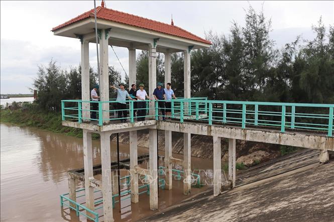 Lãnh đạo UBND xã Trần Phú kiểm tra hệ thống cống tại cống Hà Liễu và chỉ đạo công tác khẩn trương tiêu úng và khắc phục thiệt hại do mưa bão gây ra trên địa bàn. Ảnh: Mạnh Minh – TTXVN