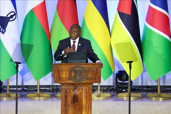 Tổng thống Nam Phi Cyril Ramaphosa phát biểu tại một hội nghị ở Durban, ngày 14/8/2026. Ảnh: THX/TTXVN phát