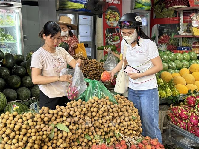  Người dân lựa chọn hoa quả tại một cửa hàng ở Hà Nội. Ảnh: Quốc Lũy - TTXVN
