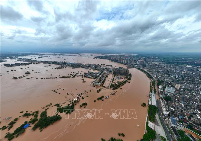 Nước sông Minh Giang dâng cao do mưa bão gây ngập lụt ở huyện Ninh Minh, Khu tự trị dân tộc Choang Quảng Tây, Trung Quốc ngày 24/8/2026. Ảnh: THX/TTXVN phát